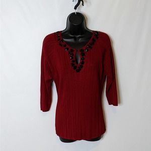 Emma Jean's Red Jeweled Keyhole Neck Medium Weight Sweater Size Medium NWOT